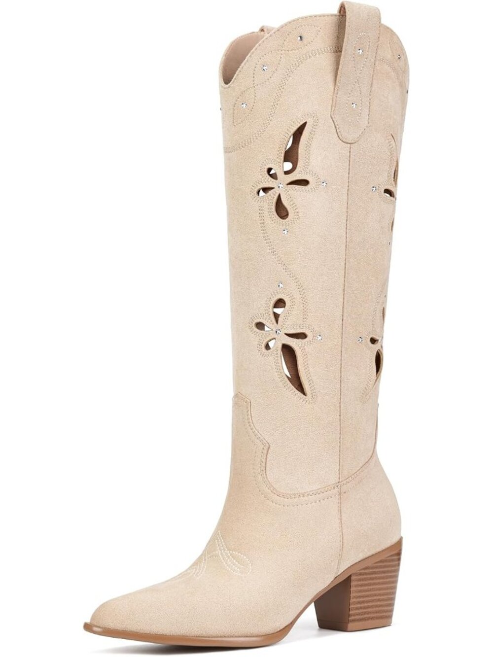 Women's Beige Faux Suede Retro Embroidery Pointed Toe Chunky Heel Cowgirl Boots